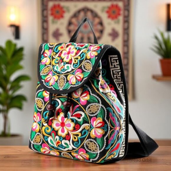 Floral Embroidery Canvas Backpack Small Daypack Drawstring Shoulder Bag main image 7
